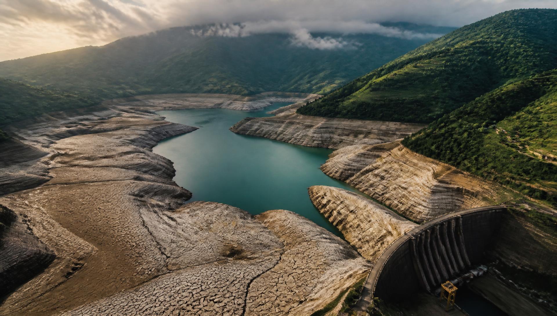 Embalse con niveles bajos durante El Niño en Colombia